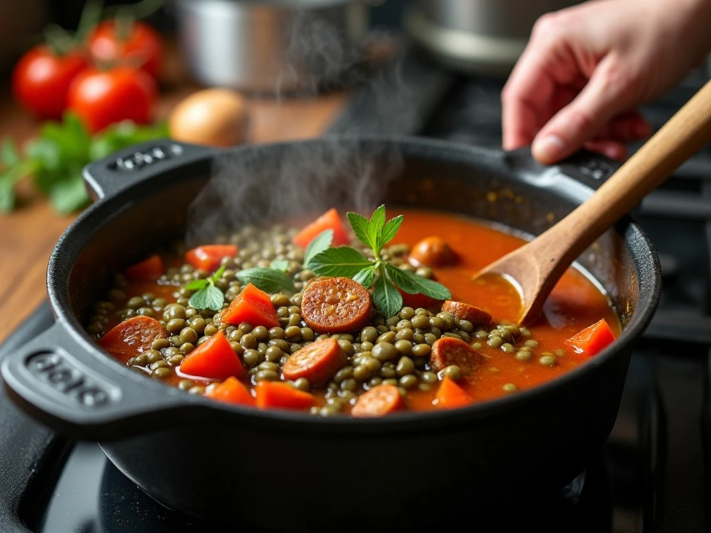 Sausage lentil soup simmering in a Dutch oven