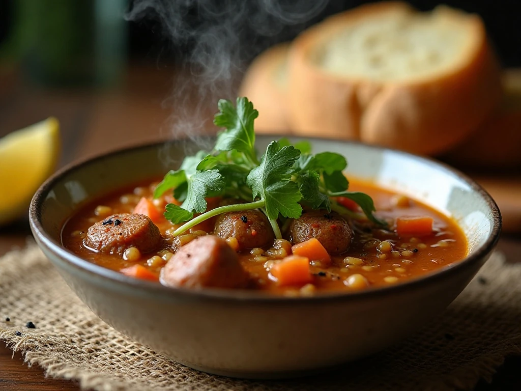 Close-up of sausage lentil soup with greens and lemon