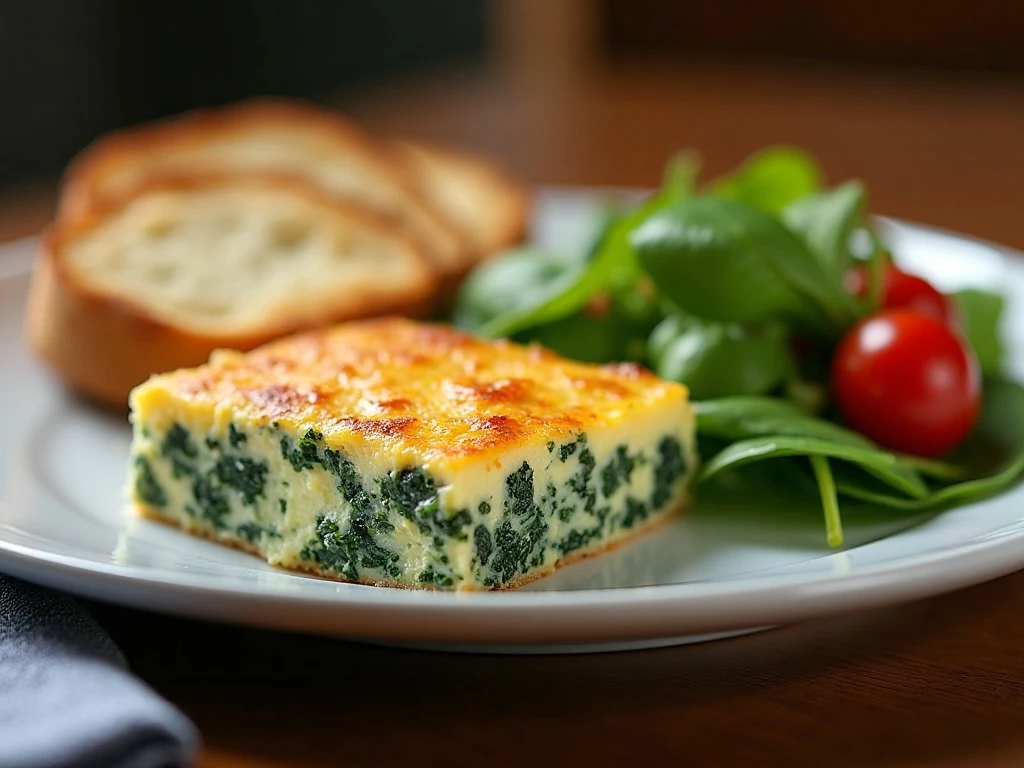 Creamy spinach egg casserole served for dinner with salad and toast