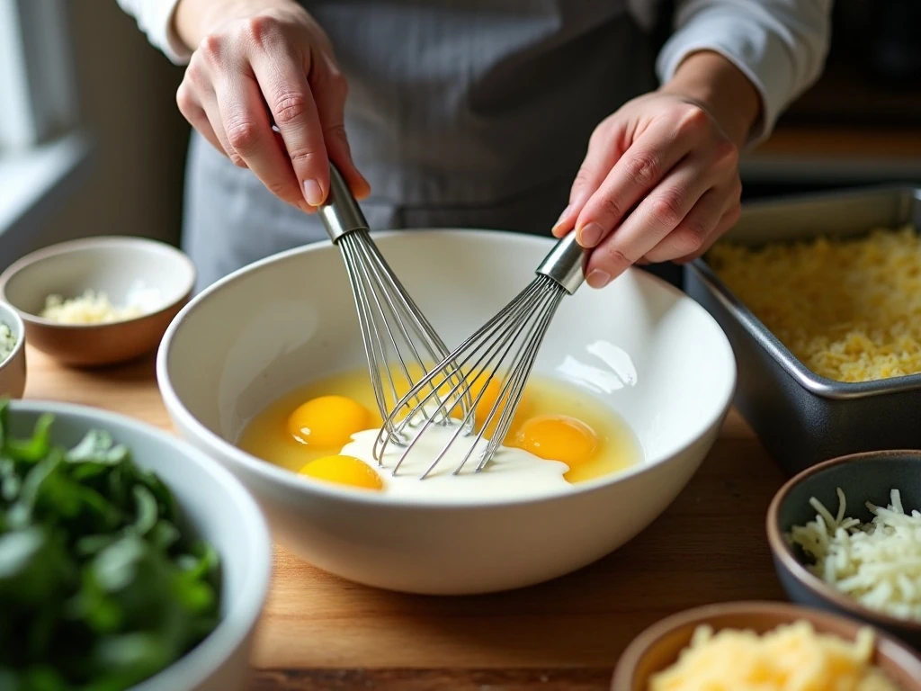 Preparing the creamy egg mixture for spinach casserole