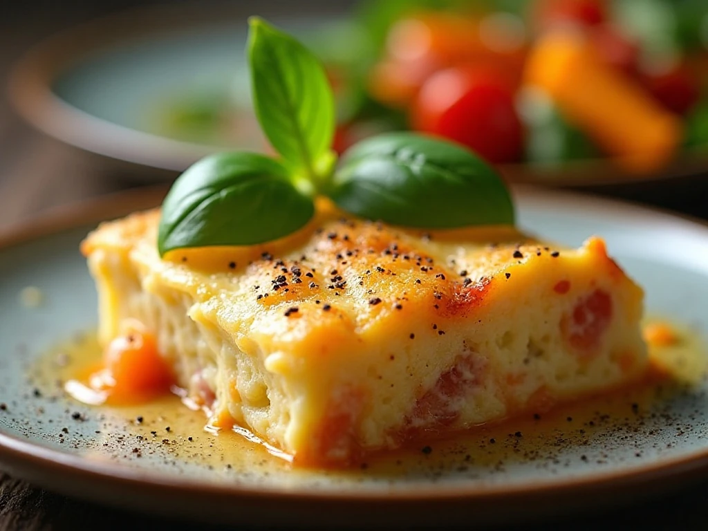 Spinach egg casserole square with simple dinner garnishes