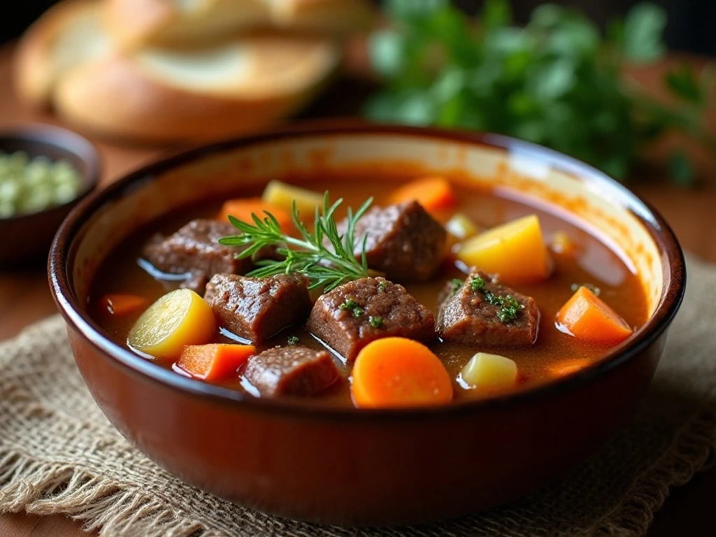 A hearty bowl of quick beef stew with tender meat and vegetables