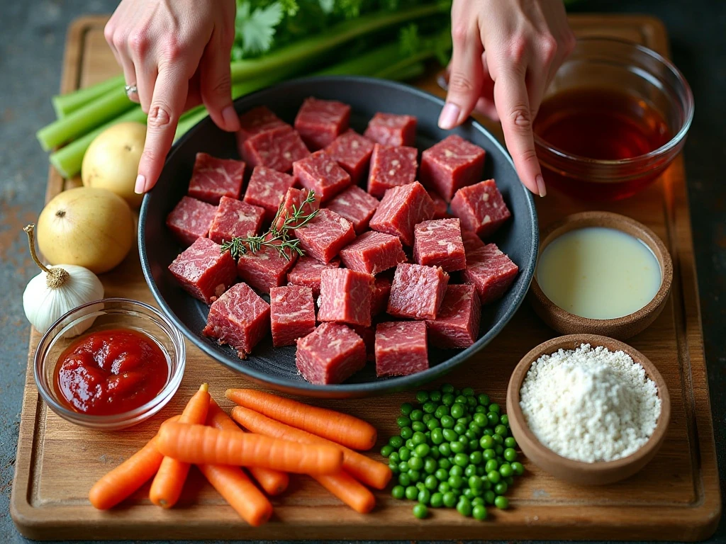 Ingredients for homemade beef stew arranged for cooking