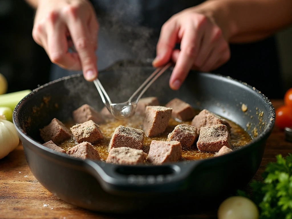 Beef cubes browning in a Dutch oven for beef stew