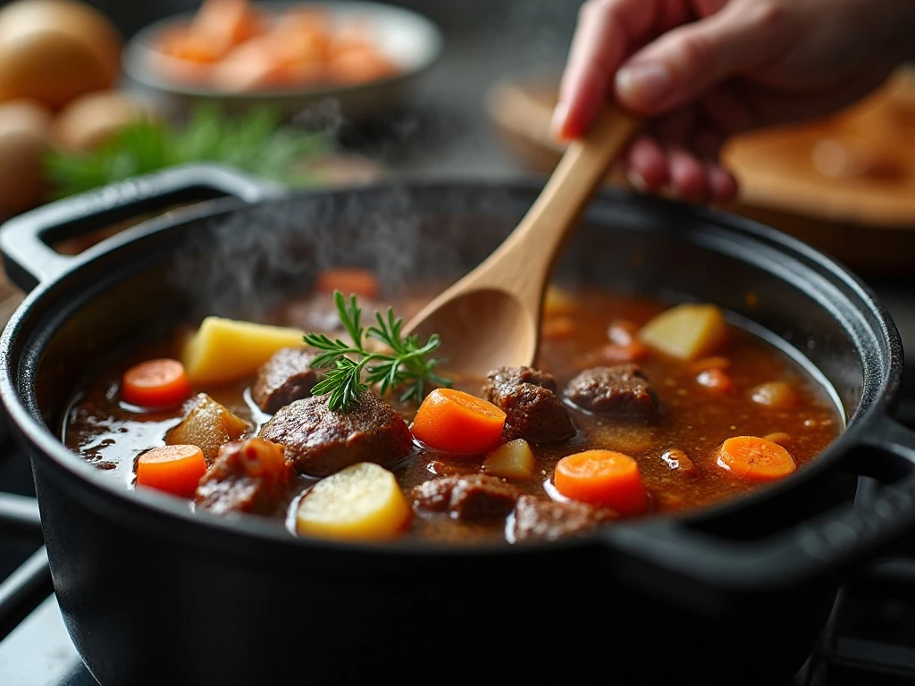 Beef stew simmering gently with vegetables in a Dutch oven