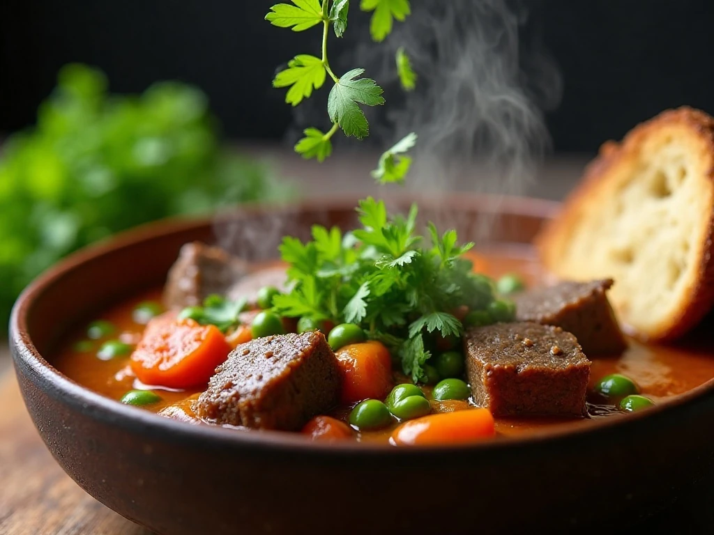 Fresh parsley garnishing a warm bowl of beef stew