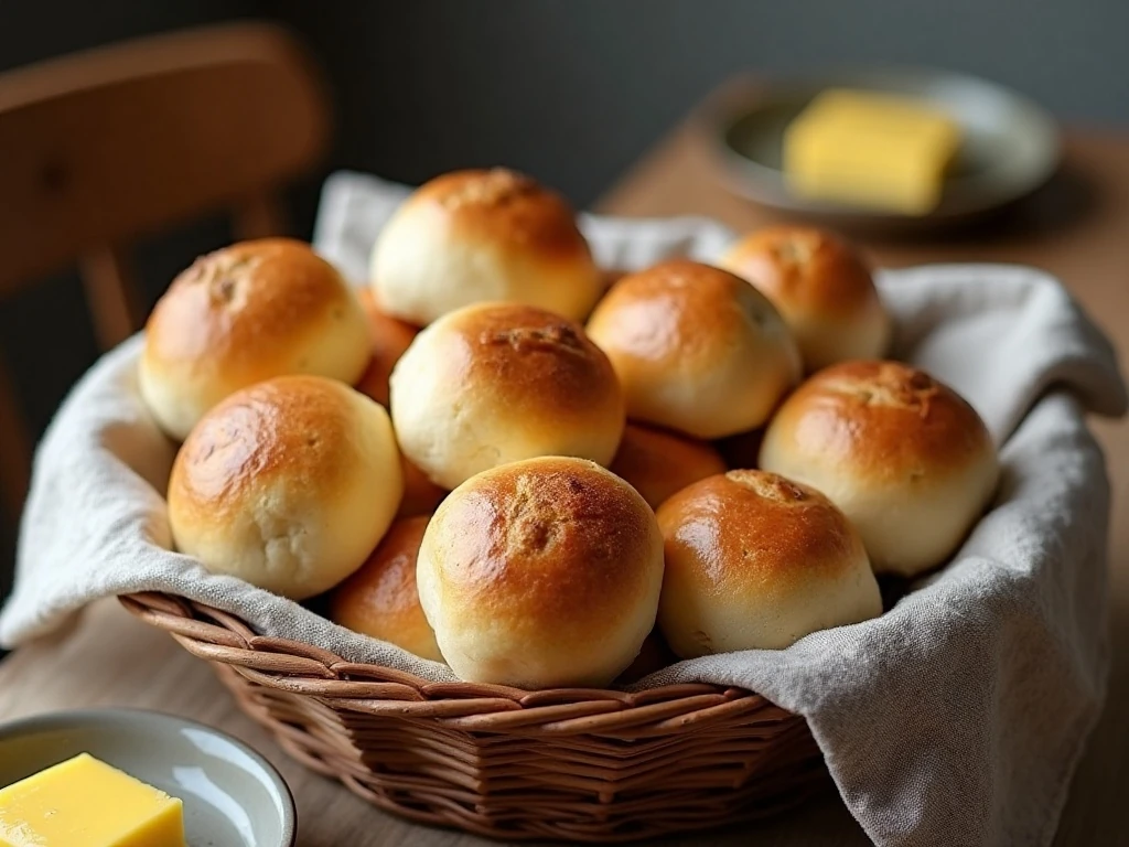 Basket of soft homemade 30-minute dinner rolls ready to serve