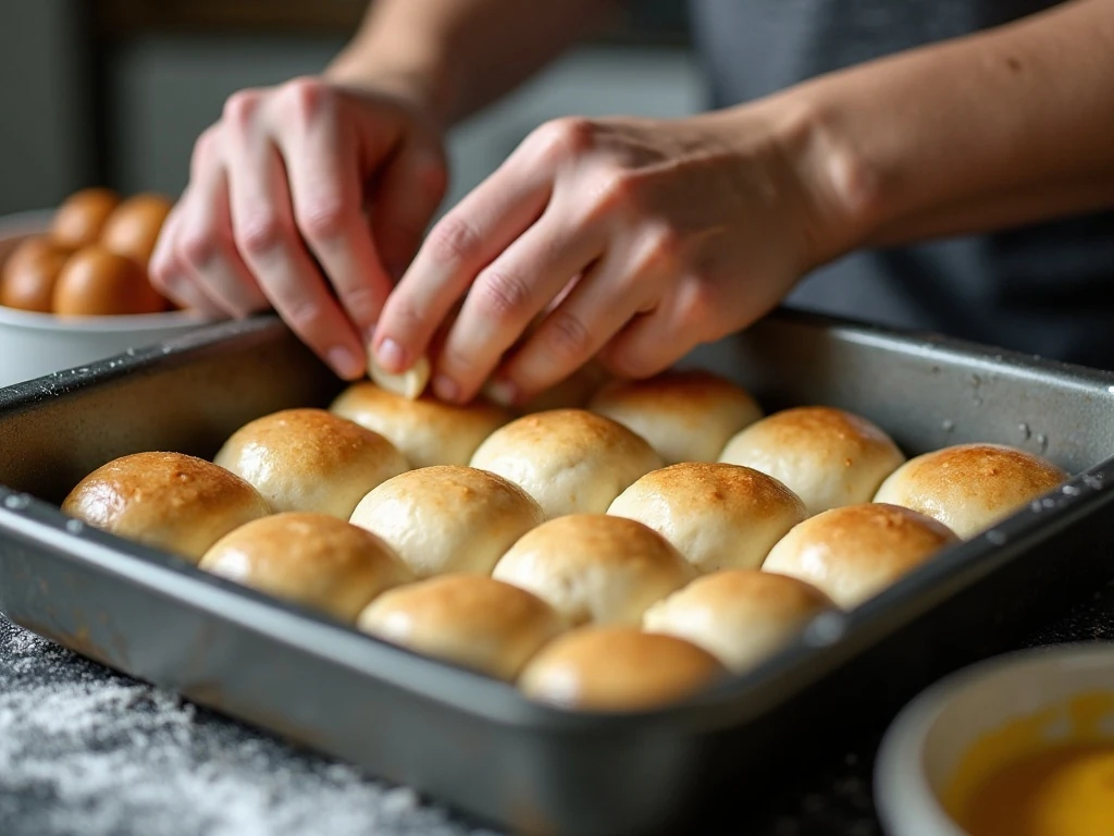 Shaping dough balls for quick dinner rolls in a baking pan