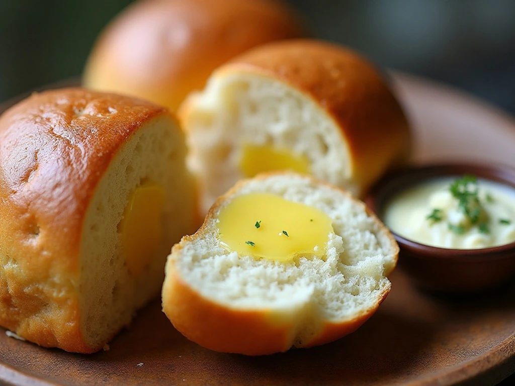 Buttery fluffy dinner roll served with herb butter