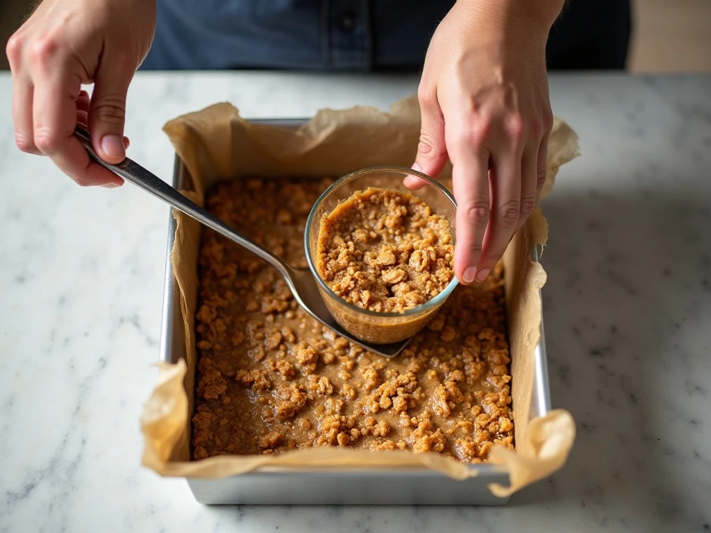 Pressing no-bake bar mixture into a lined pan