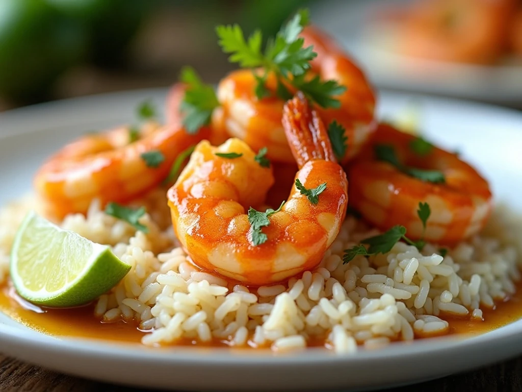Honey lime shrimp served over rice with cilantro and lime wedges