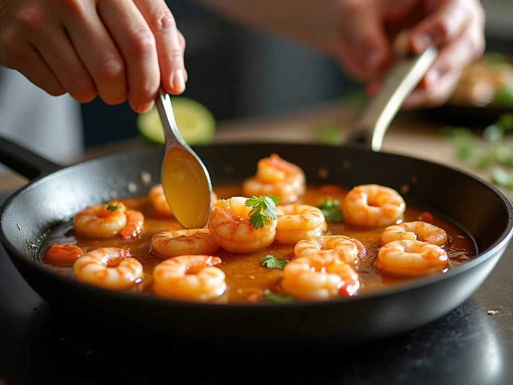 Shrimp searing in a skillet for honey lime shrimp