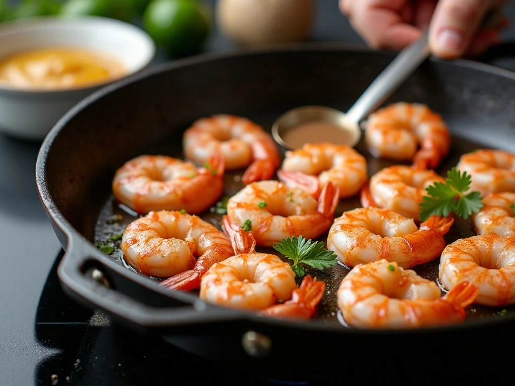 Large shrimp searing properly in a skillet