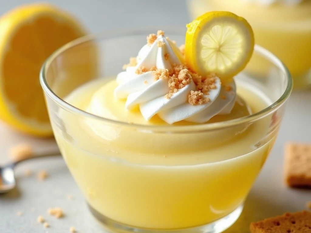 Lemonade jello whip garnished with lemon and whipped cream