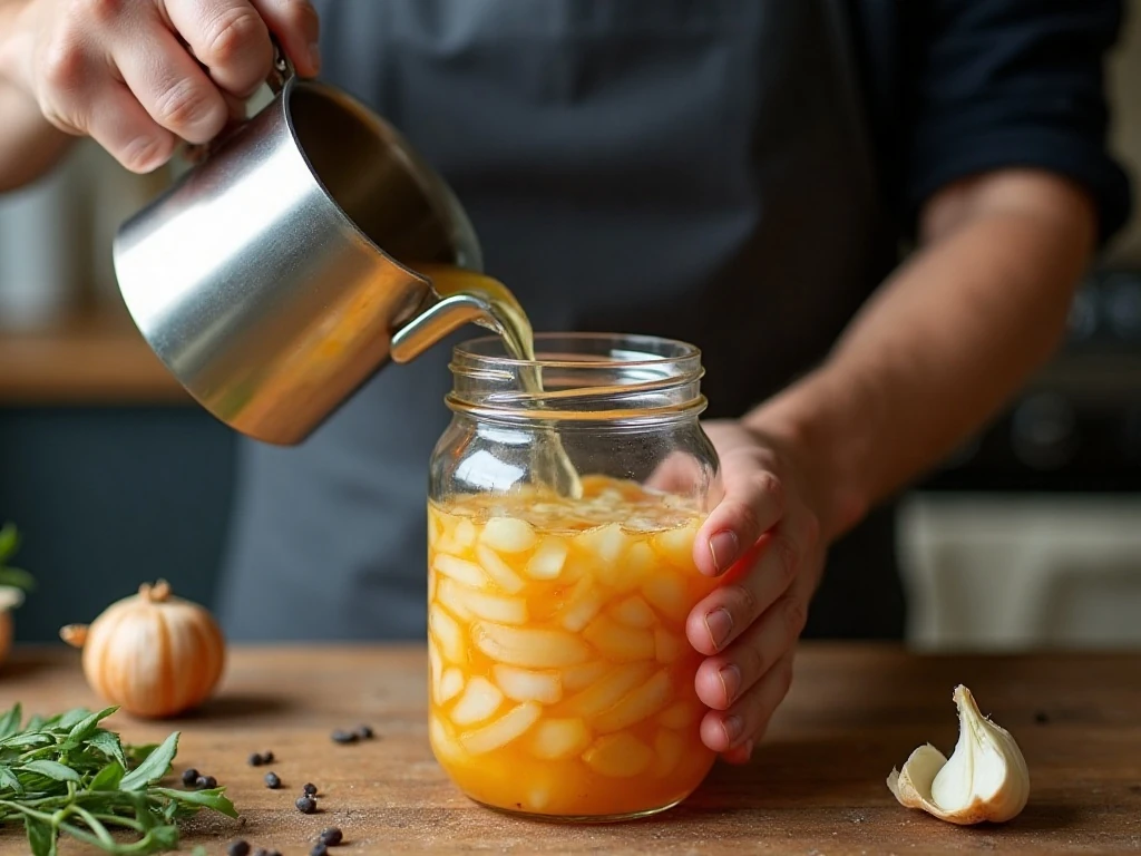 Pouring hot pickling brine over sliced Vidalia onions