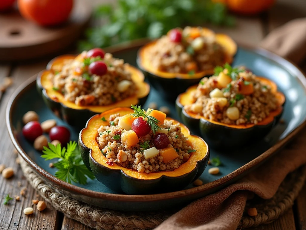 Quinoa and apple stuffed acorn squash served as a cozy vegetarian dinner
