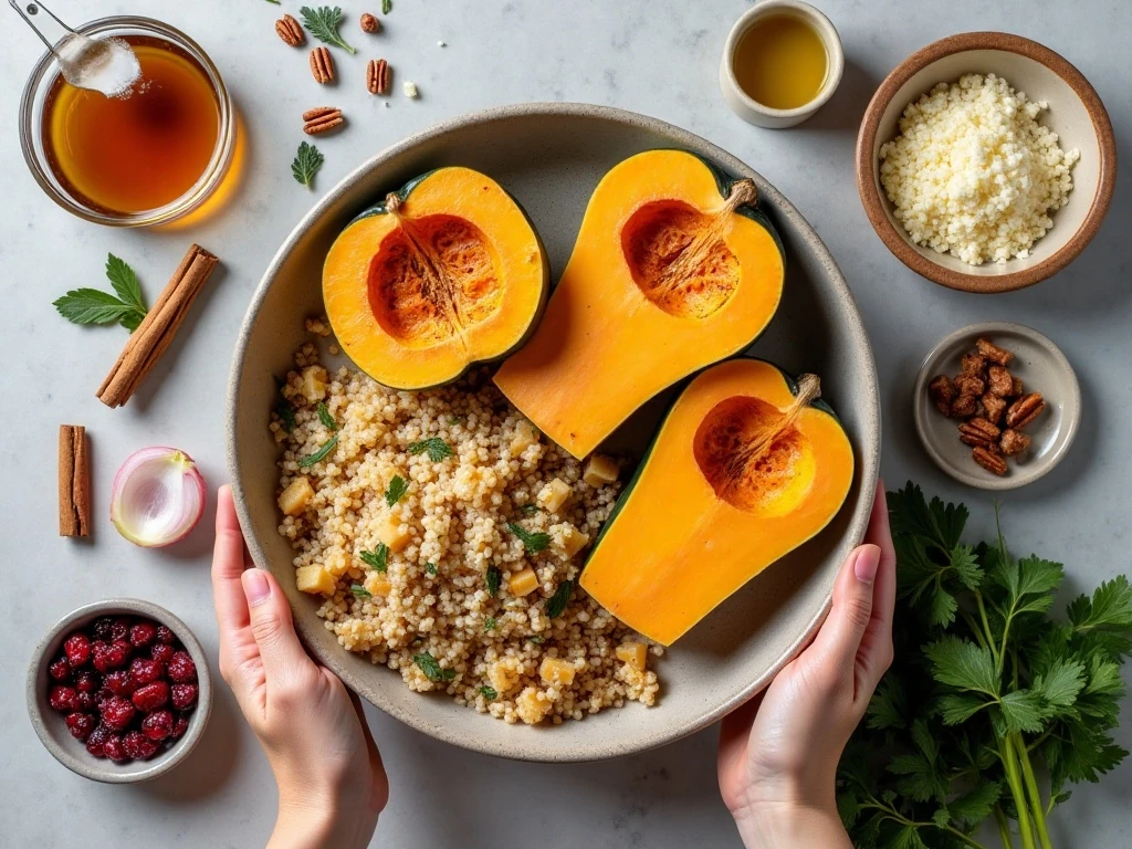 Ingredients for quinoa and apple stuffed acorn squash