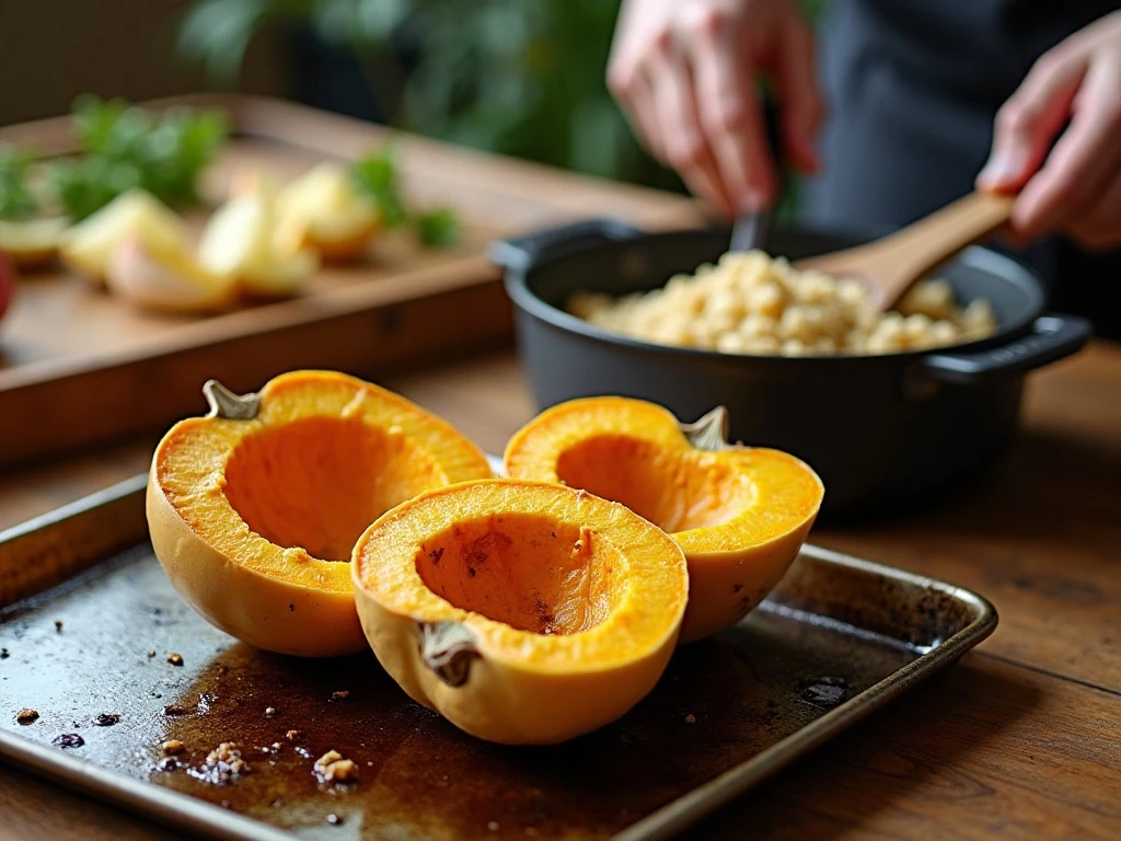 Roasting acorn squash and preparing quinoa apple stuffing