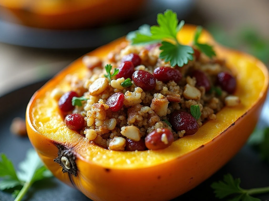 Toasted pecans and cranberries topping quinoa stuffed squash