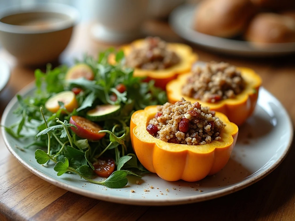 Stuffed acorn squash served with salad and rustic bread