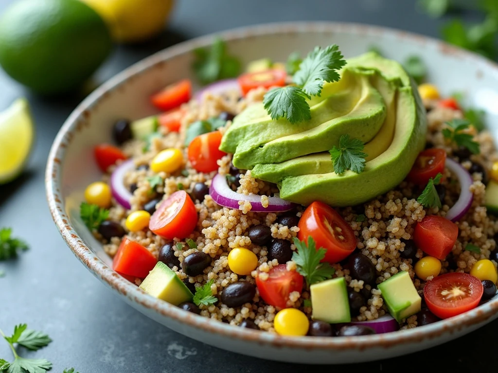 Colorful healthy quinoa and avocado salad with black beans, corn, tomato, and lime
