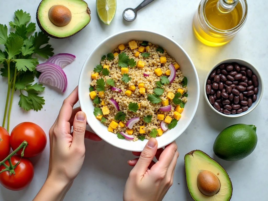 Ingredients for quinoa avocado salad arranged in a flat lay
