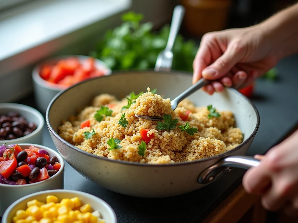 Cooking quinoa and preparing ingredients for a quinoa salad