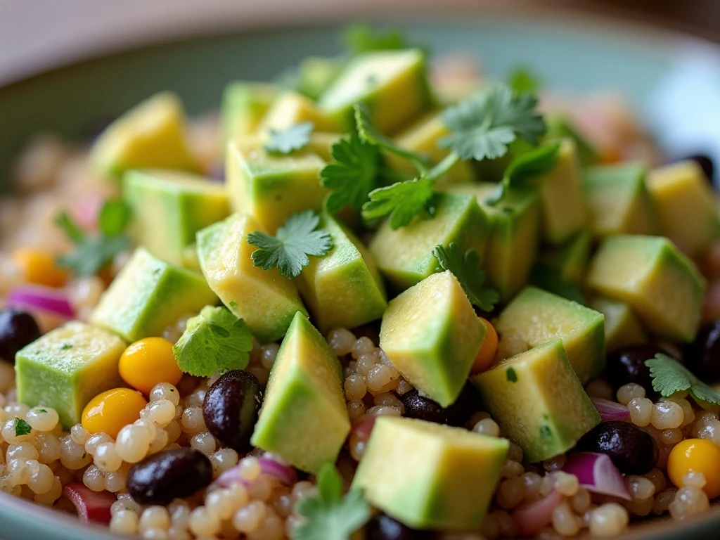 Diced avocado and lime being added to quinoa salad