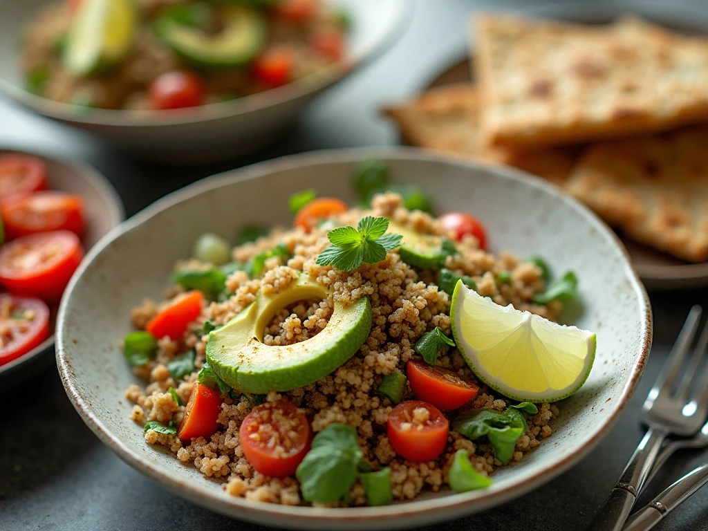 Quinoa avocado salad served as a fresh lunch with lime and vegetables