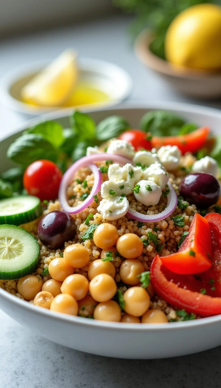 Mediterranean Quinoa Chickpea Salad Recipe with Lemon Feta Dressing