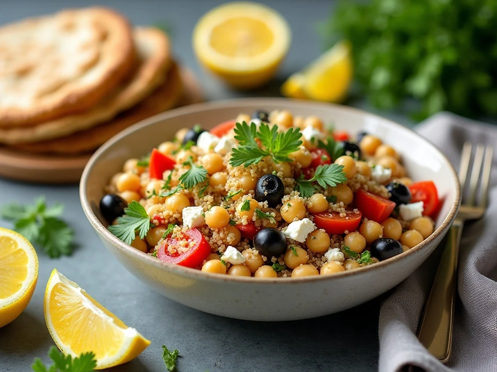 Mediterranean quinoa chickpea salad served as a colorful main-course meal