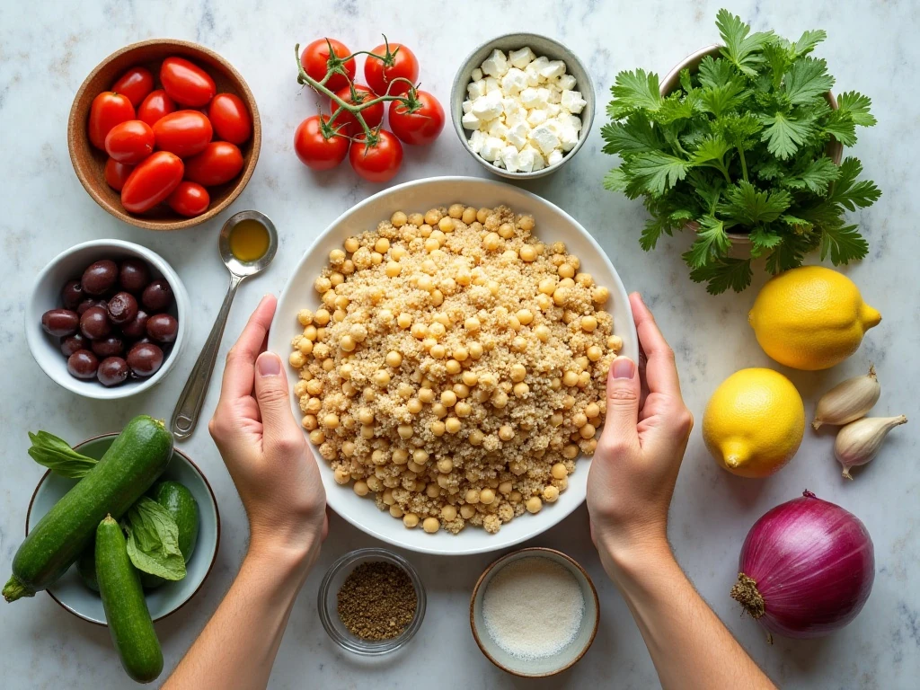 Ingredients for Mediterranean quinoa chickpea salad and lemon olive oil dressing