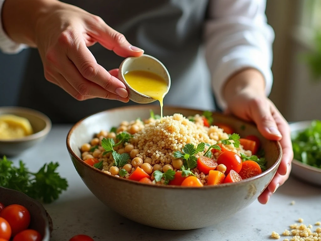 Preparing quinoa, chickpeas, vegetables, and dressing for Mediterranean salad