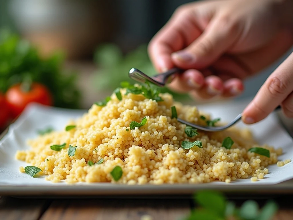Cooling cooked quinoa before making Mediterranean quinoa salad