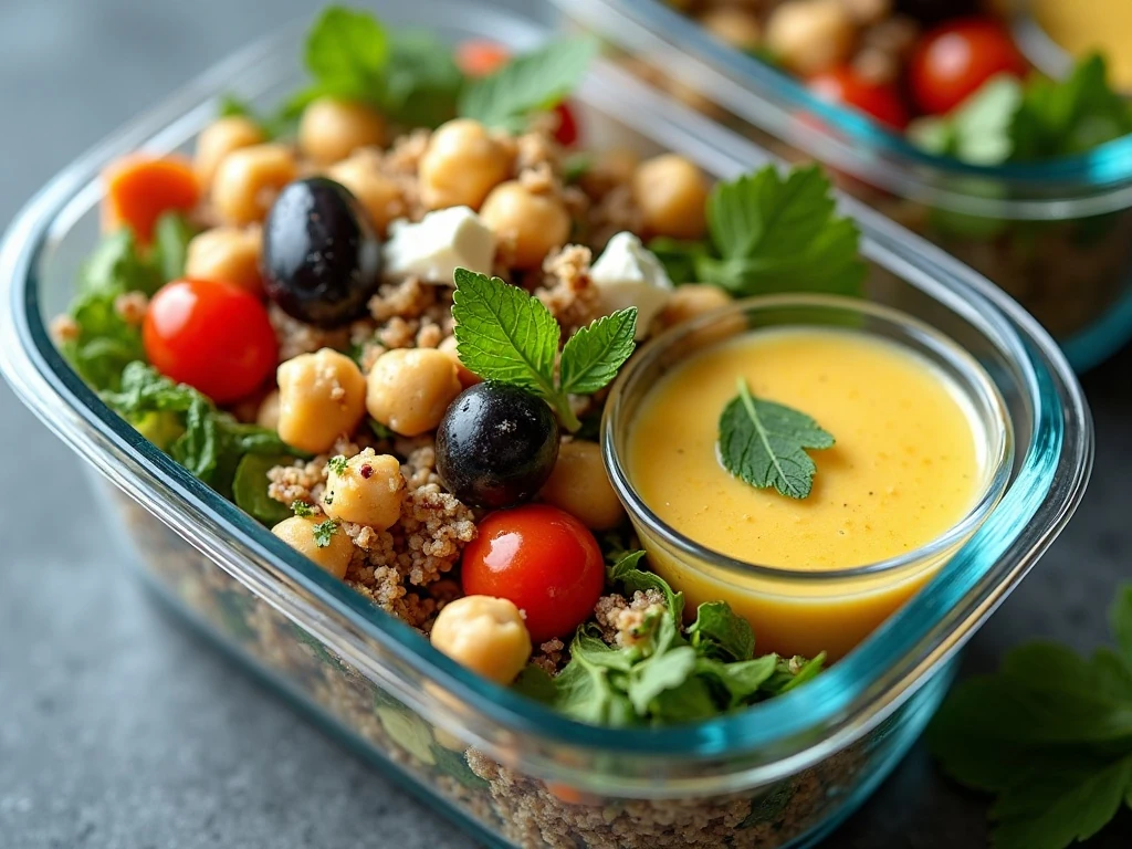 Mediterranean quinoa chickpea salad stored for make-ahead lunches