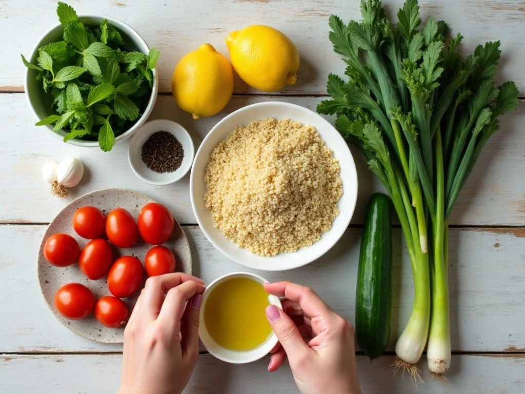 Ingredients for easy quinoa tabbouleh salad
