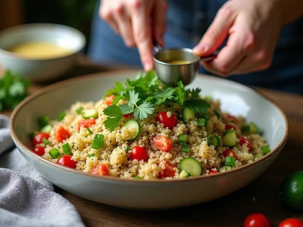 Mixing cooled quinoa with fresh herbs and vegetables for tabbouleh