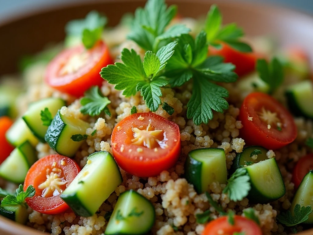Close-up of fresh herbs and vegetables in quinoa tabbouleh