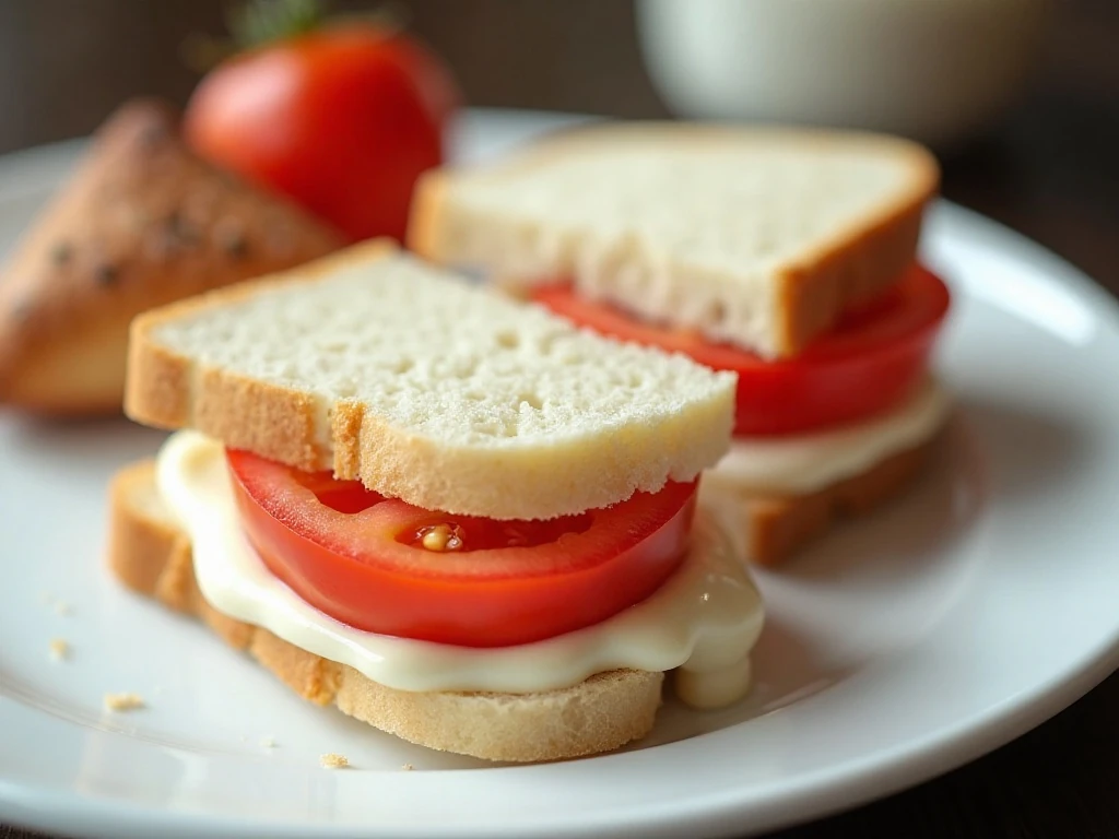Two classic tomato and mayonnaise sandwiches served on a white plate
