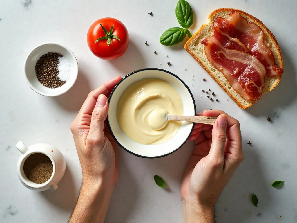 Ingredients for a tomato and mayonnaise sandwich