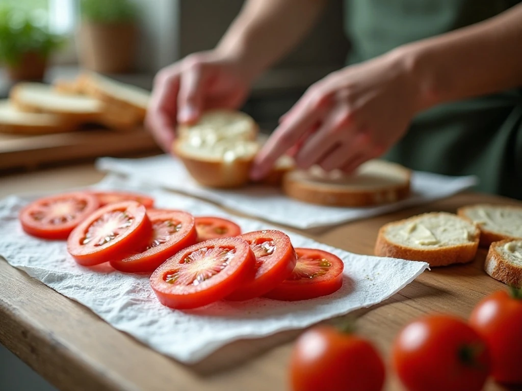Salted tomato slices being prepared for a tomato sandwich