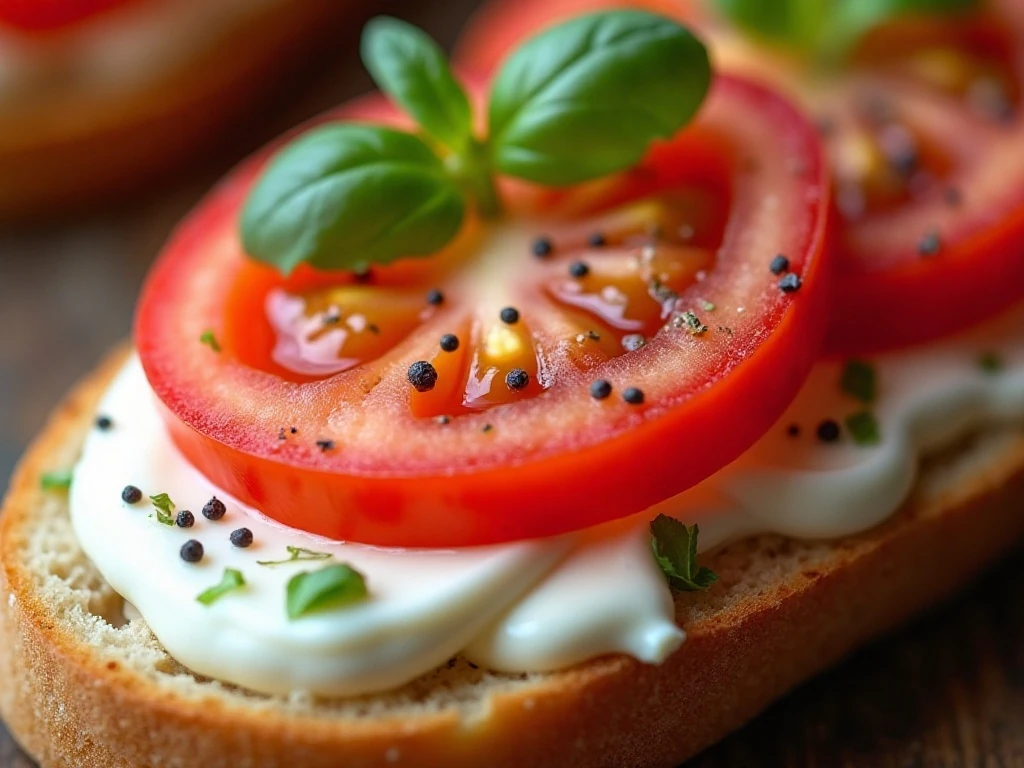 Tomato slices with mayonnaise, pepper, and fresh basil on white bread