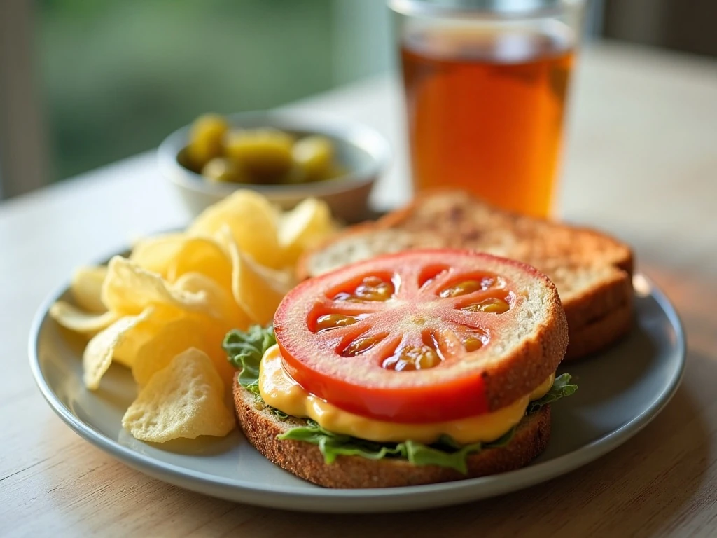 Tomato and mayonnaise sandwich with chips, pickles, and iced tea