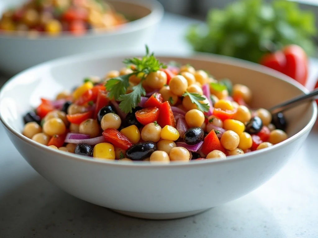 Colorful rainbow bean salad in a serving bowl