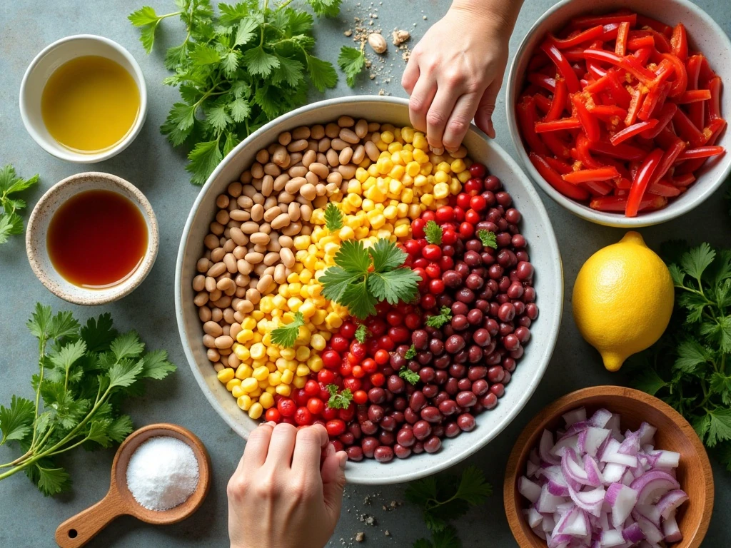 Ingredients for vibrant rainbow bean salad