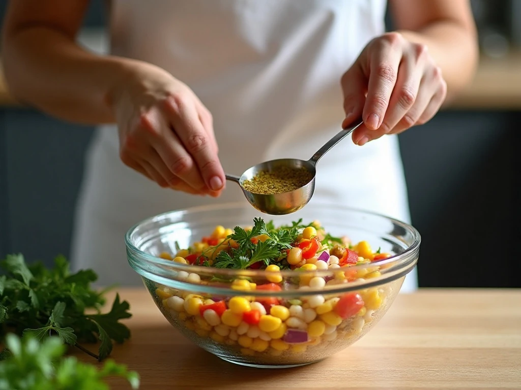 Mixing ingredients for rainbow bean salad