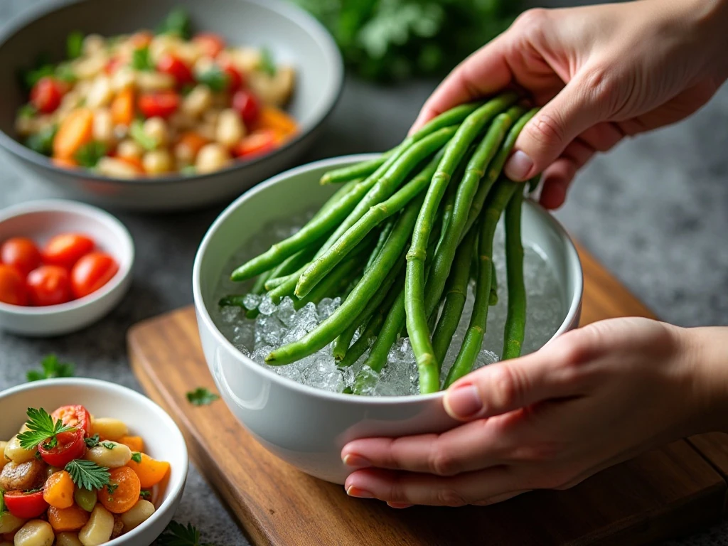 Blanching green beans for a three-bean salad variation
