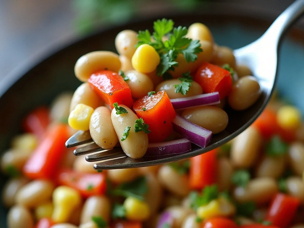 Close-up of fresh beans and vegetables in rainbow bean salad