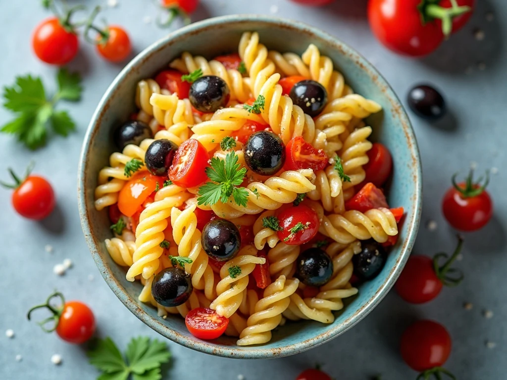 Colorful rainbow pasta salad filled with vegetables, cheese, and tri-color rotini
