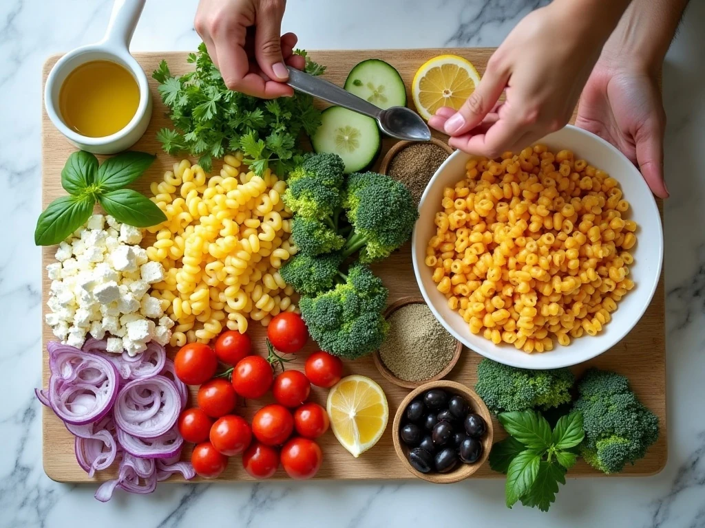 Rainbow pasta salad ingredients arranged for preparation